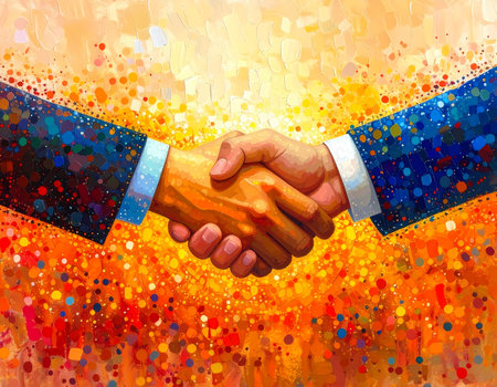 Colorful abstract illustration of business handshake symbolizing successful deal. painting represents partnership, agreement, trust and positive future collaborationの素材