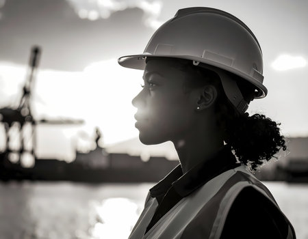 Confident african woman engineer worker in profile wearing hard hat at construction site. In background crane stands tall. feeling of leadership and future ambitionの素材