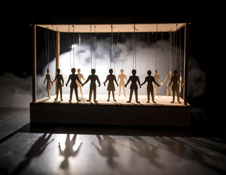 Mysterious silhouette puppet figures in group holding hand on stage. conceptual metaphor for society, control, and manipulation by unseen forces with string and dramatic smokeの素材