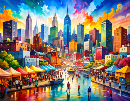 Vibrant and colorful artistic illustration painting of fantasy city. urban cityscape skyline with bustling market creates joyful and lively scene with reflectionsの素材