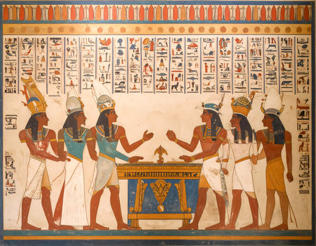 Ancient egyptian art mural painting inside pharaoh tomb depicts solemn scene with god figures and hieroglyph writing. wall decoration shows sacred historic ritualの素材
