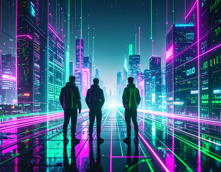 Three man silhouette contemplating futuristic cyberpunk city. vibrant neon network in metaverse represents future virtual reality and awe inspiring technologyの素材