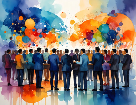 Creative watercolor illustration showing large group of business people at meeting. abstract background represents vibrant conference focused on collaboration and successの素材