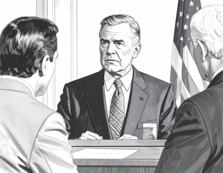 Serious judge at courtroom hearing listens to man. Retro black and white illustration of formal legal proceeding with an American flag, conveying justice and lawの素材