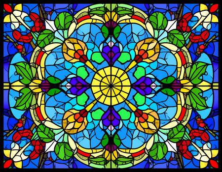 Beautiful, ornate stained glass pattern illustration. This decorative and colorful design features vibrant rosette and symmetrical floral elements for an uplifting, spiritual feelの素材