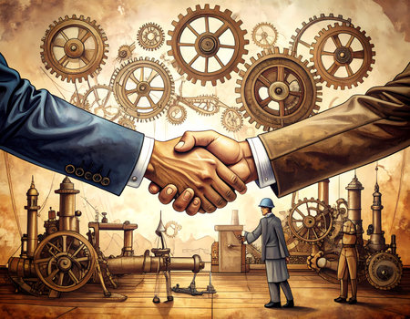 Professional business handshake signifying deal, partnership, and agreement. Complex industrial machinery with gear and cog represents synergy, technology, and innovationの素材
