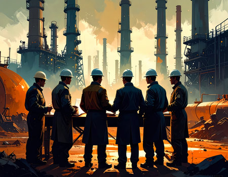 Focused group of silhouetted male engineers and workers in hard hats have discussion at an industrial factory with smokestacks and pipes against warm, polluted sunset skyの素材