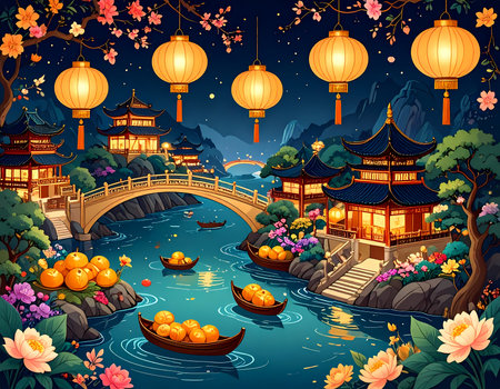Festive Asian celebration at night. serene river with glowing lantern light flows through village under bridge. Boats carry orange fruit, symbol of happy holidayの素材