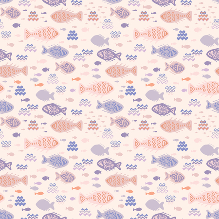 Pastel Tiny Fish Doodles, Seamless Animal Vector Pattern Background, Hand Drawn Illustration for Summer Scrapbooking, Gift Wrap, Kids Fashion, Beach Apparel Cute Stationery, Peach, Lilac Purpleのイラスト素材