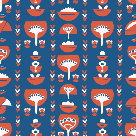 Blue Red Retro Floral,Vector Patternの写真素材