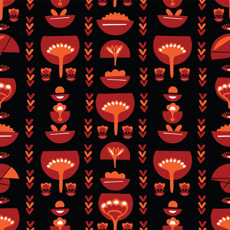 Bohemian Red Retro Floral,Vector Pattern Seamless, Hand Drawn Stylized Folk Art Flower Illustration...
