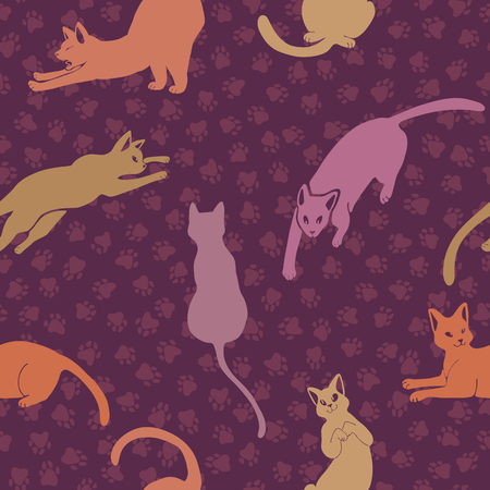 Purple and Pink Cats Silhouettes Vector Patternのイラスト素材