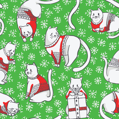 Christmas Cats in Knitted Sweaters Seamless Vector Patternの写真素材