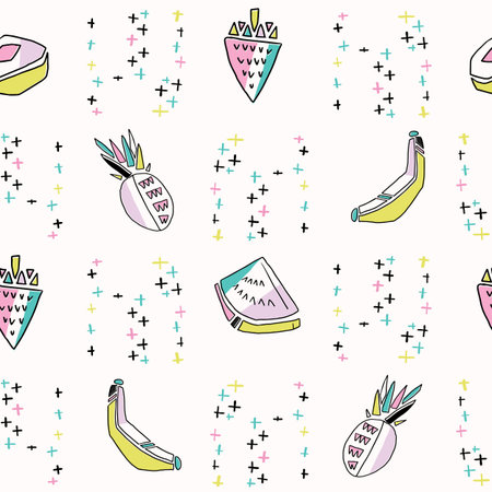 Fun Memphis Fruit Pattern, Seamless Vector Background with Strawberry, Pinapple, Banana, Watermelon,...