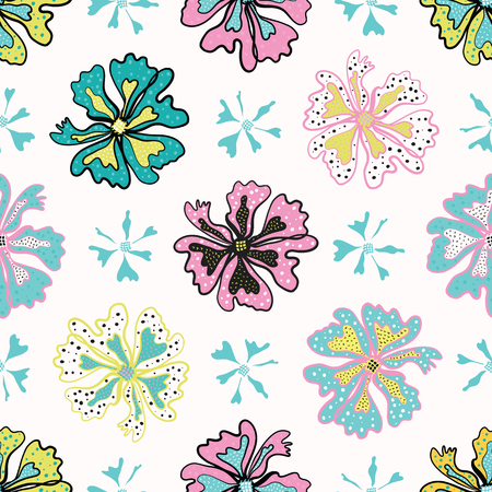 Memphis Style Polka Dot Flower Seamless Vector Repeat Design,Drawn Popの写真素材