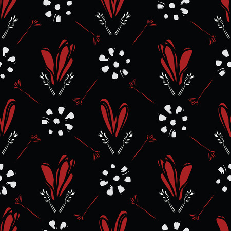 Bohemian Scribble Heart Floral Vector Pattern Seamless, Hand Drawn Stylized Folk Art Daisy Flower Illustration for Retro Fashion Prints, Wallpaper, Trendy Stationery, Vintage Red Home Decor, Gift Wrapのイラスト素材