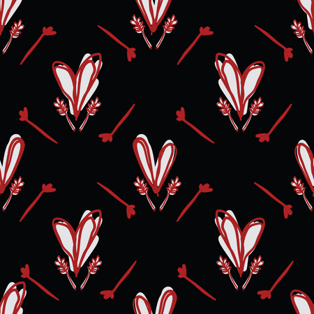 Bohemian Scribble Heart Floral Vector Pattern Seamless, Hand Drawn Stylized Folk Art Stem Leaves Illustration for Retro Fashion Prints, Wallpaper, Trendy Stationery, Vintage Red Home Decor, Gift Wrapのイラスト素材