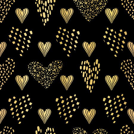 Luxe Black Gold Love Hearts Sprinkles Texture Pattern, Seamless Vector Background, Romantic Ditsy Foiled Heart Confetti Illustration for Pink Valentines Wedding Invitations, Metallic Party Stationeryのイラスト素材