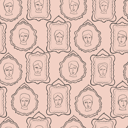 Doodle Faces Portrait Frames Sketchy Seamless Pattern, Line Art Vector Illustration of Realistic Cartoon Pictures Gallery for Trendy Fashion Prints, Hipster Wallpaper Backgrounds, Feminine Stationeryのイラスト素材
