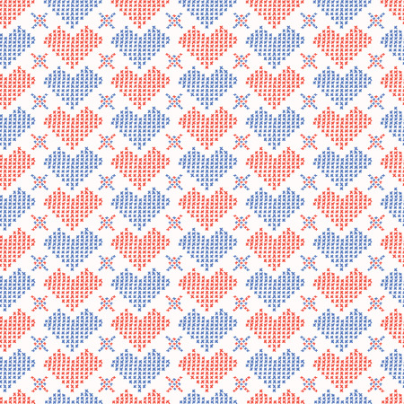 Hand Drawn Embroidery Love Heart Stitches Seamless Vector Pattern. Cross Stitch Illustration for Summer Fashion Prints, Wedding Gift Wrap, Trendy Craft Packaging or Red Blue Home Sweet Home Designのイラスト素材