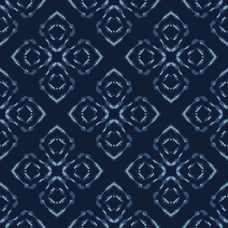 Square Patchwork Motif Japanese Style Seamless Vector Pattern. Hand Drawn Indigo Blue Quilt Texture for Elegant Textile Prints, Classic Japan Decor, Craft Backdrop, Packaging, Kimono Fashion Fabrics.のイラスト素材