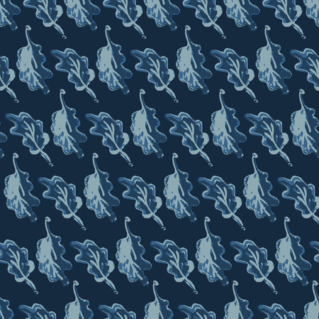 Hand Drawn Leaves Indigo Pattern Seamless Vector. Indigo Blue Batik Style Leaf Texture for Textile Prints, Japan Decor, Summer Fashion Prints, Nature Packaging, Backdrop, Ethnic Indonesian Fabric.のイラスト素材