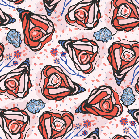 Retro Flower Rose Buds Seamless Vector Pattern. Floral Illustration for Summer Fashion Prints, Boho Gift Wrap, Trendy Style Packaging, Valentines Day Stationery, Vintage Red Blue Birthday Celebrationのイラスト素材