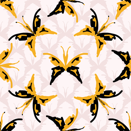 Retro 1960s Style Butterflies Seamless Vector Pattern, Hand Drawn Animal Insect Illustration for Summer Fashion Prints, Wallpaper, Stationery, Home Decor, Trendy Packaging , Gift Wrap or Backgrounds.のイラスト素材