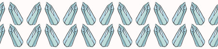 Sacred Esoteric Quartz Crystal Magic. Hand Drawn Seamless Vector Border. Precious Stone Energy Banner. Earth Energy Consciousness Symbols. Spiritual Concept Gemstone Meditation Healing. Turquoise Blueのイラスト素材