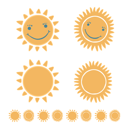 Cute cartoon sun,with happy smiling face. Hand drawn seamless repeat pattern. Day sunset, sunrise, warm weather elements illustration for baby or kids.のイラスト素材