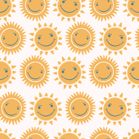 Cute cartoon sun with happy smiling face. Hand drawn seamless repeat pattern. Day sunset, sunrise, warm weather elements illustration for baby or kids.のイラスト素材