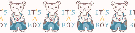 Cute its a boy teddy bear seamless vector border. New baby announcement print in blue cartoon style. Hand drawn adorable babies shower banner ribbon illustration.のイラスト素材