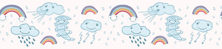 Cute vector cartoon weather clouds and rainbow . Seamless repeat border with thunder, rain, lightening , tornado twister. Flat color banner ribbon in kawaii happy face style for kids.のイラスト素材