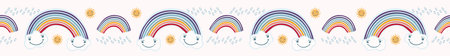 Cute vector cartoon weather with rain, sun happy clouds and rainbow. Seamless repeat border with raindrops. Flat colorbanner ribbon in kawaii face style for kids.のイラスト素材