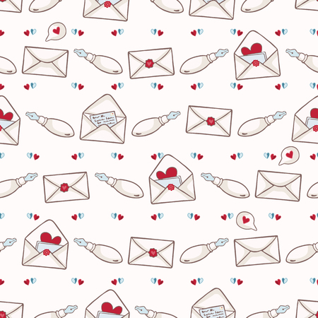 Vector envelope with heart wax seal. Seamless vector pattern. Write a letter concept. Hand drawn illustration elements set for St Valentines Day, wedding, romantic lovers day in cute kawaii style.のイラスト素材