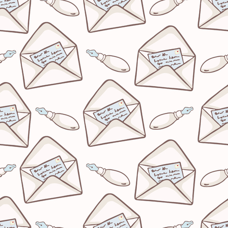 Vector envelope with hand written note card and fountain pen. Seamless vector pattern. Write a letter concept. Illustration for stationery and business correspondenceのイラスト素材