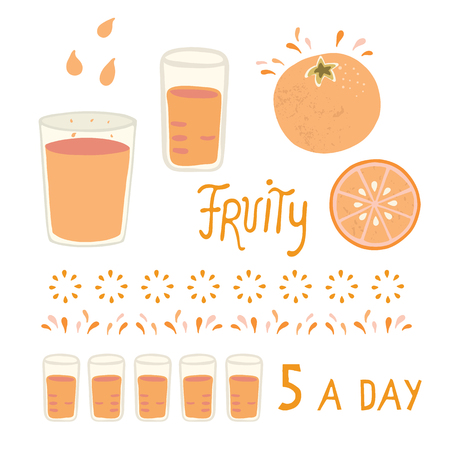 Vector juicy orange citrus fruit whole and slice with glass. Hand drawn illustration elements set. Fresh 5 a day tropical juice splash for healthy vitamin food icons.のイラスト素材