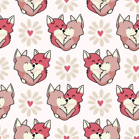 Vector cute fox hug hearts. Seamless repeat pattern. Hand drawn 2 foxy animals hugging inside love heart for romantic valentines day, wedding or pet anniversary background. Free hug concept.のイラスト素材
