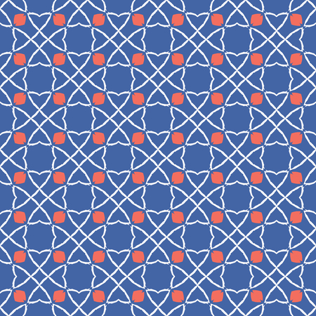 1950s Style Retro Celtic Knot Circle Style Seamless Vector Pattern. Hand Drawn Summer Textile Print for Trendy Boho Folklore Fashion, Packaging, Girl Clothing, Stationery. Vintage Geometric Blue Redのイラスト素材