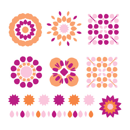 Retro Folk Flowers Vector Elements Set. Colorful Floral Quilt Blooms Illustration Icons in 1970s Style. For Trendy Fashion Buttons, Vintage Girly Stationery, Floral Packaging, Cute Blog Graphics.のイラスト素材