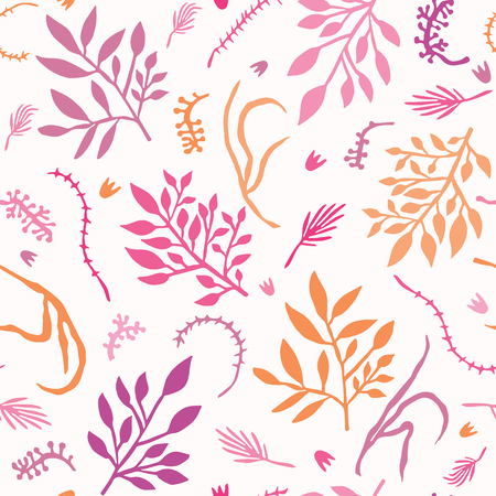 Pretty Tossed Leaf Branches Seamless Vector Pattern. Hand Drawn Paper Cut Leaves. Boho Scandi Style Illustration for Trendy Textile Fashion Prints, Elegant Nature Packaging. All Over Pastel Purpleのイラスト素材
