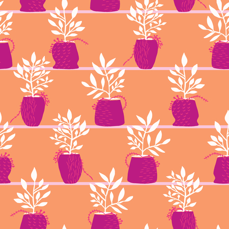 Indoor Plant Pots Seamless Vector Pattern. Hand Drawn Paper Cut Leaves in Cute Flowerpots. Boho Scandi Style Illustration for Trendy Textile Fashion Prints, Potted Houseplant Packaging, Florist Wrapのイラスト素材