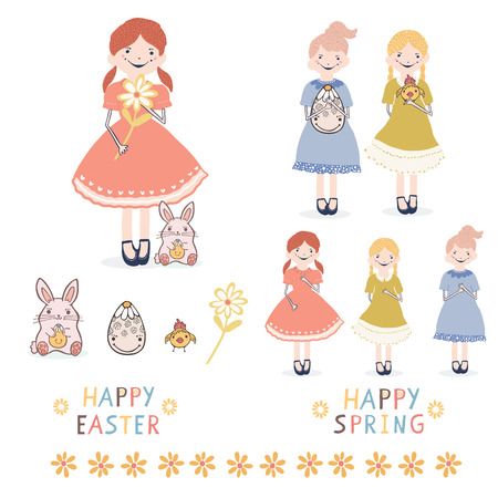 Cute vector cartoon girl illustration set holding bunny, egg, spring flower. Happy Easter card text. Hand drawn character in flat color. Happy dolls with interchangable accessory clipart motifs.のイラスト素材
