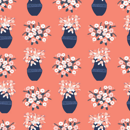 Hand drawn coral blue spring flower vase. Seamless vector pattern. Trendy stylish floral bouquet. All over print blright blooms Illustration for florist gift wrapping or summer birthday backgroundのイラスト素材