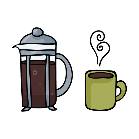 Cute coffee pot cartoon vector illustration motif set. Hand drawn drinks mug elements clipart for cafe blog, food graphic, cafe restaurant web buttons.のイラスト素材