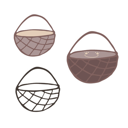 Kawaii empty woven brown basket illustration motif. Hand drawn picnic or foraging wicker container with handle. Lineart, color and cute smiling face isolated elements clipart set.のイラスト素材