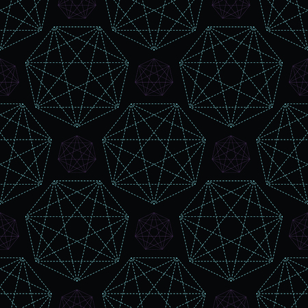 Geometrical symbol shape. Seamless repeating vector pattern. Glowing dark purple green light on black esoteric background. Spiritual concept. Sacred geometry drawing. Universal metaphysical harmony.のイラスト素材