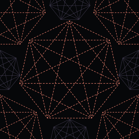 Geometrical symbol shape. Seamless repeating vector pattern. Glowing dark coral purple light on black esoteric background. Spiritual concept. Sacred geometry drawing. Universal metaphysical harmony.のイラスト素材