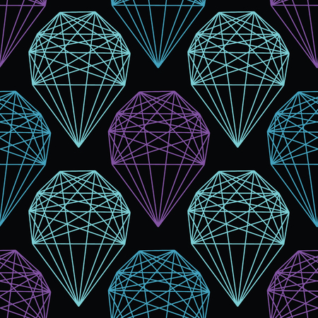Geometrical crystal shape. Seamless repeating vector pattern. Glowing dark teal purple light on black esoteric background. Spiritual concept. Sacred geometry drawing. Universal metaphysical harmony.のイラスト素材