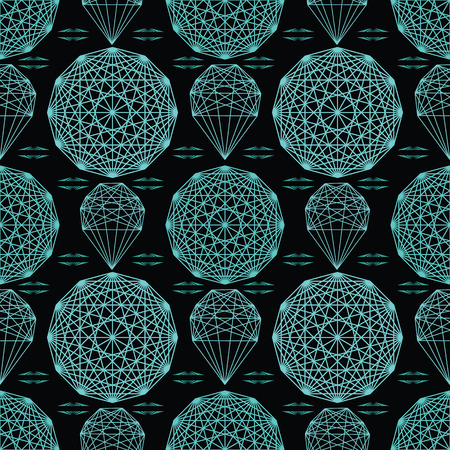 Geometrical crystal mandala. Seamless repeating vector pattern. Glowing teal light meditation on black esoteric background. Spiritual concept. Sacred geometry drawing. Universal metaphysical harmony.のイラスト素材